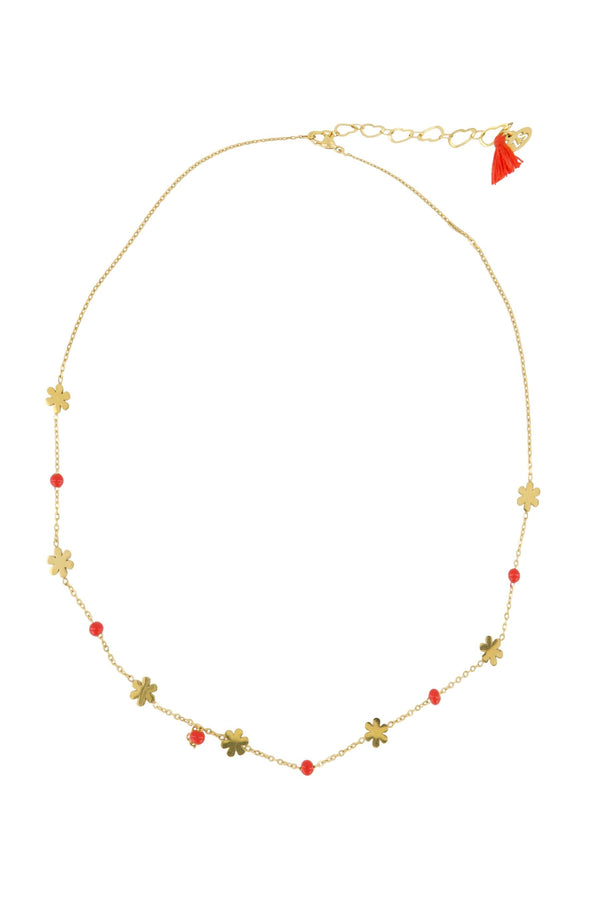 zusss ketting met bloem kralen oranjerood / goud