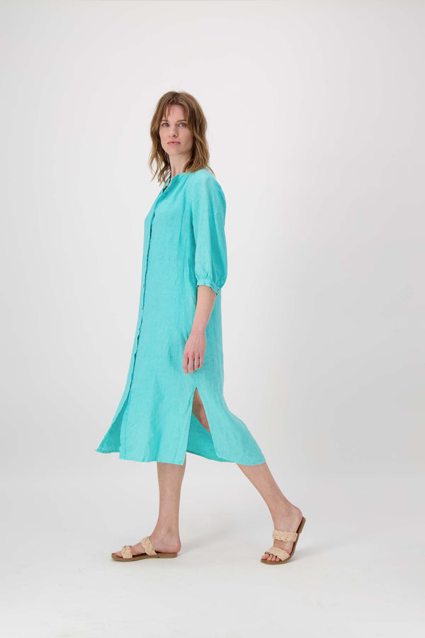 Zusss Lange Linnen Doorknoop Jurk Turquoise