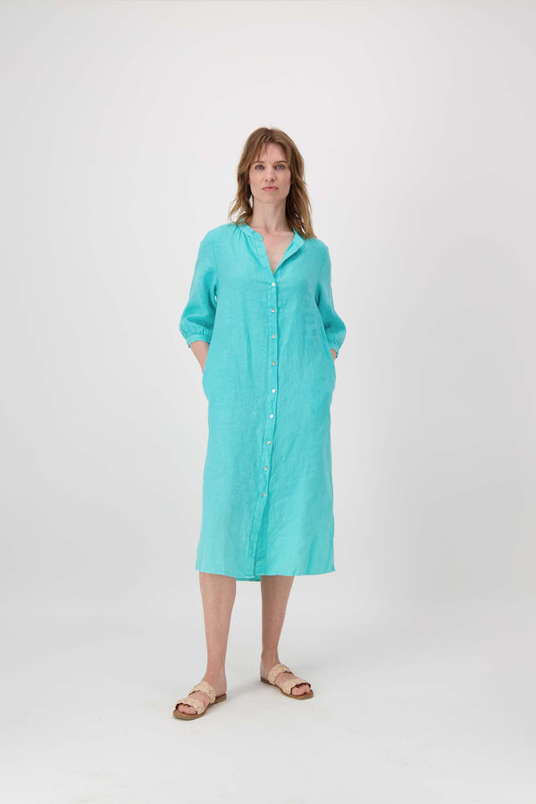 zusss lange linnen doorknoop jurk turquoise