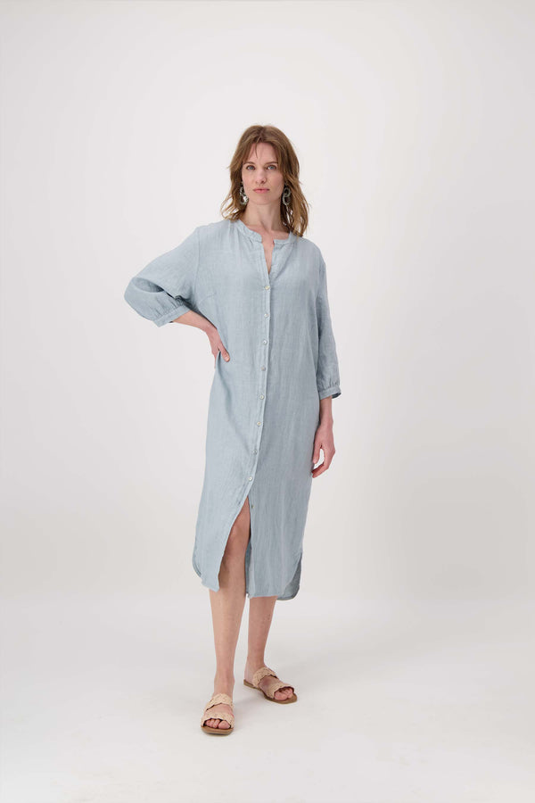 Zusss Lange Linnen Doorknoop Jurk Vergrijsd Blauw
