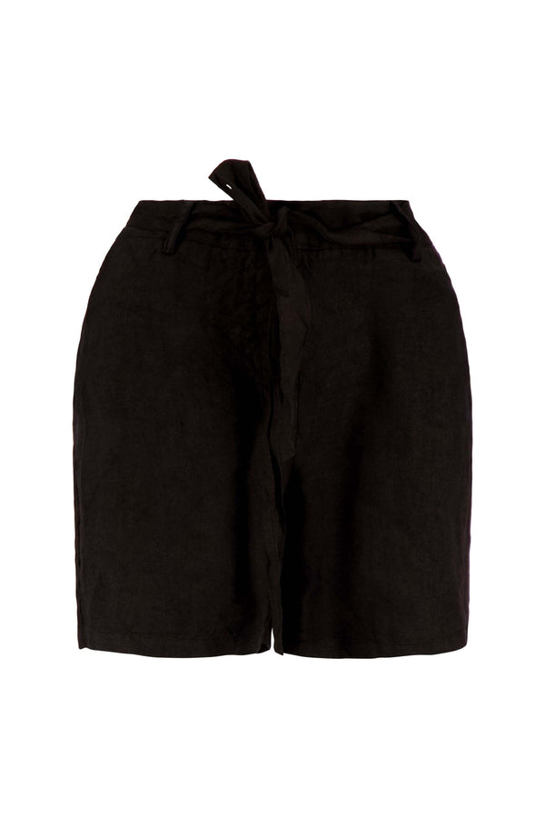 Zusss Linnen Short Met Strik Ceintuur Zwart
