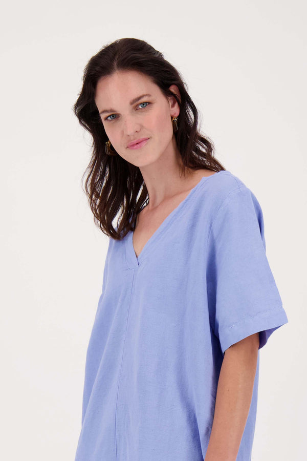 Zusss Linnen Tuniek Met V-hals Lavenderblauw