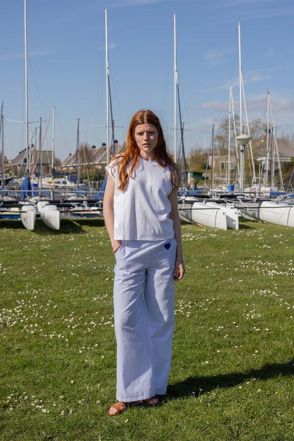 zusss seersucker streep broek wit / lichtblauw