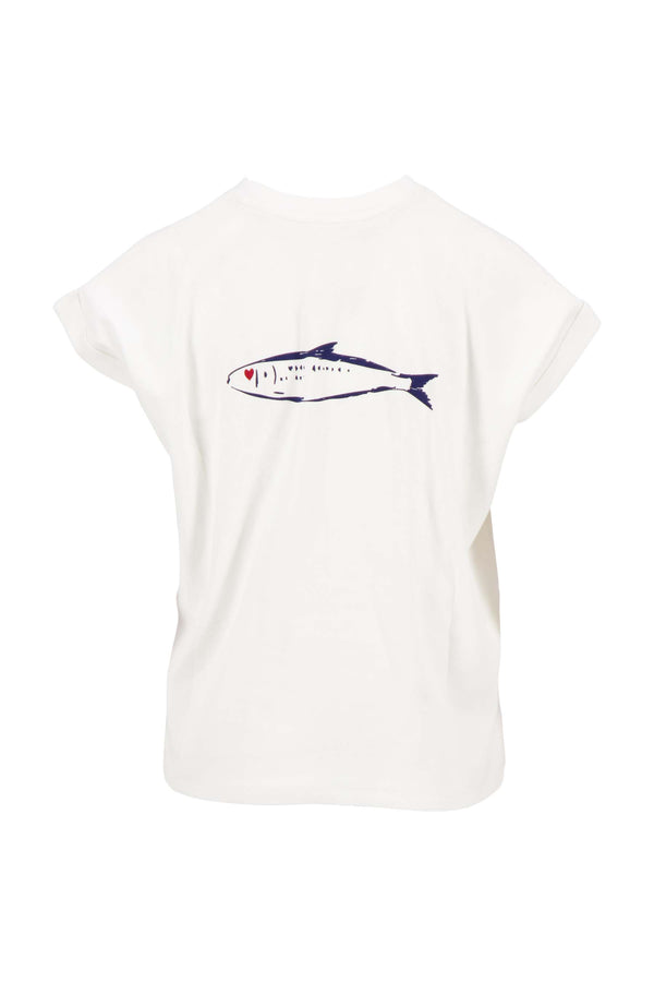 Zusss T-shirt Met Opgerolde Mouw Met Vis Wit