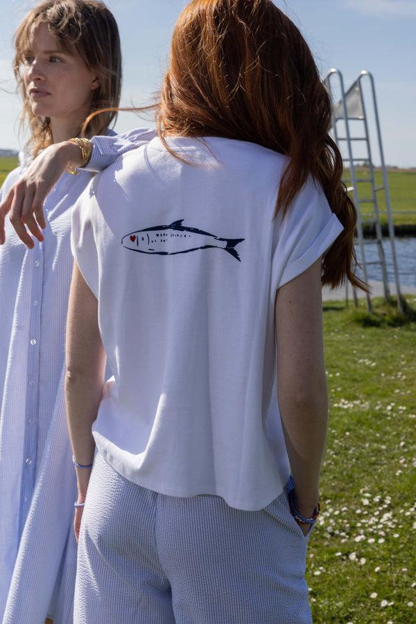 zusss t-shirt met opgerolde mouw met vis wit