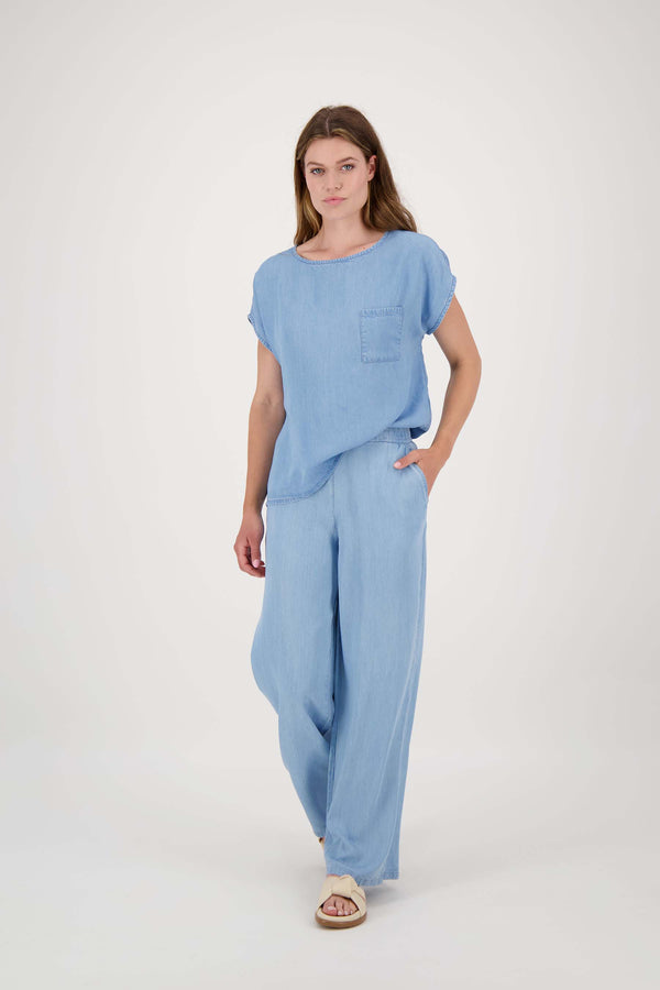 Zusss Top Tencel Korte Mouw Lichte Denim