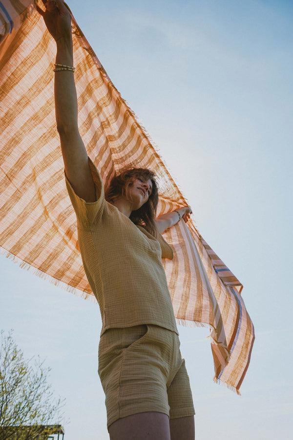 zusss zomerdoek strepen 90x200cm roze / honing / blauw